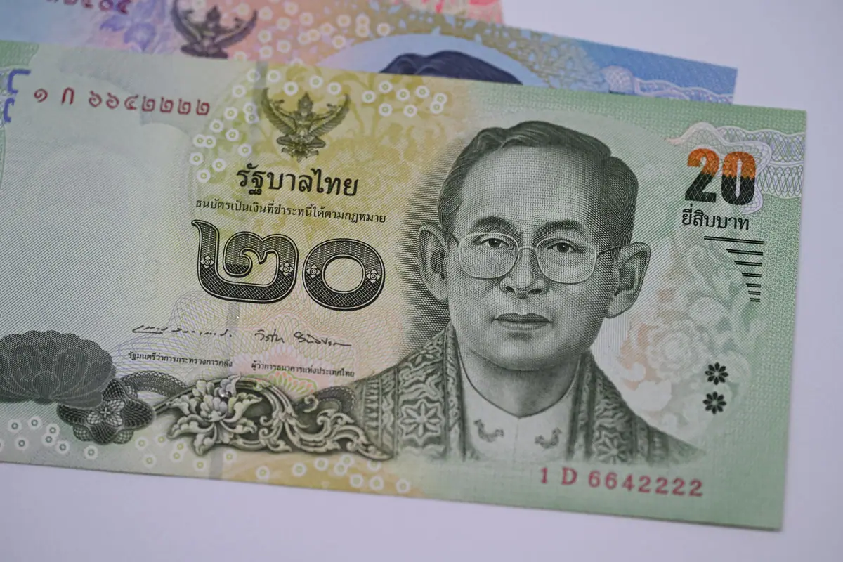 A Thai 20 baht banknote, close up